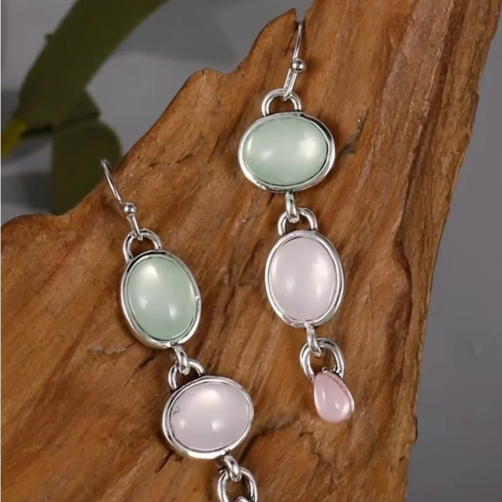 Silver Drop Earrings with Mint Green and Soft Pink Stones - Picture 2 of 3
